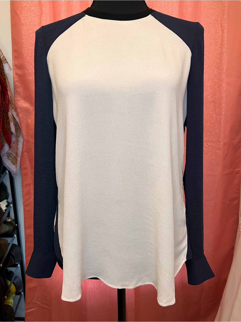 Rebecca Taylor Cream & Navy Raglan Long-Sleeve Blouse